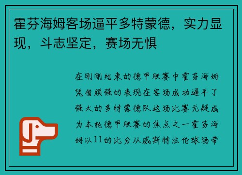 霍芬海姆客场逼平多特蒙德，实力显现，斗志坚定，赛场无惧